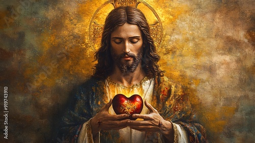 Jesus with sacred heart, by the best ever artist in heaven, holy light around his head and hands holding hearts