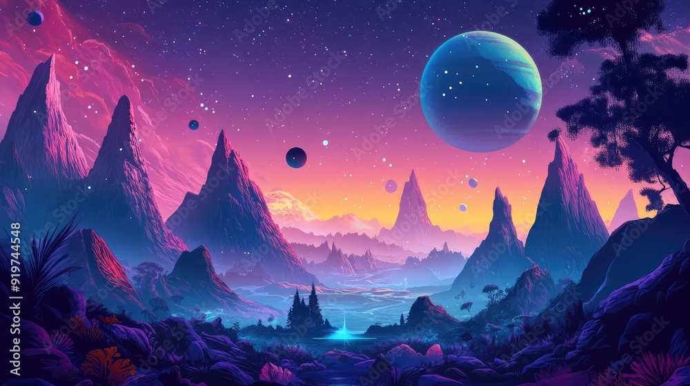 Obraz premium Horizontal illustration of future landscape with mountains, planets, trees, moon. Surrealist concept of escape. The generation of AI