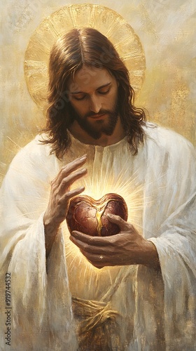Jesus with sacred heart, by the best ever artist in heaven, holy light around his head and hands holding hearts