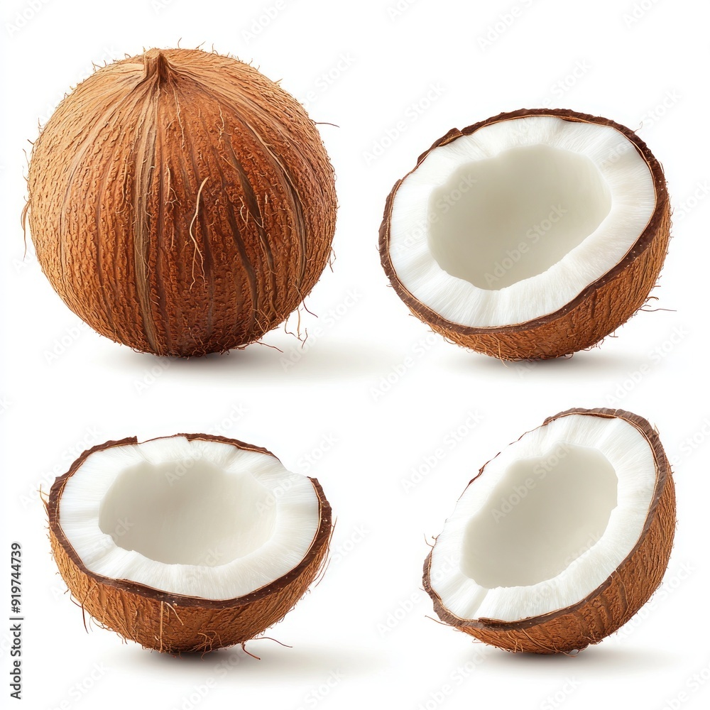 Whole and half coconuts isolated on white background. Whole and half coconuts isolated on white background.