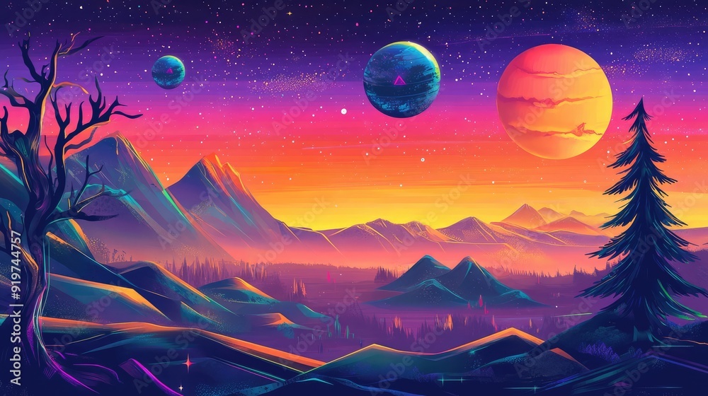 Obraz premium Horizontal illustration of future landscape with mountains, planets, trees, moon. Surrealist concept of escape. The generation of AI