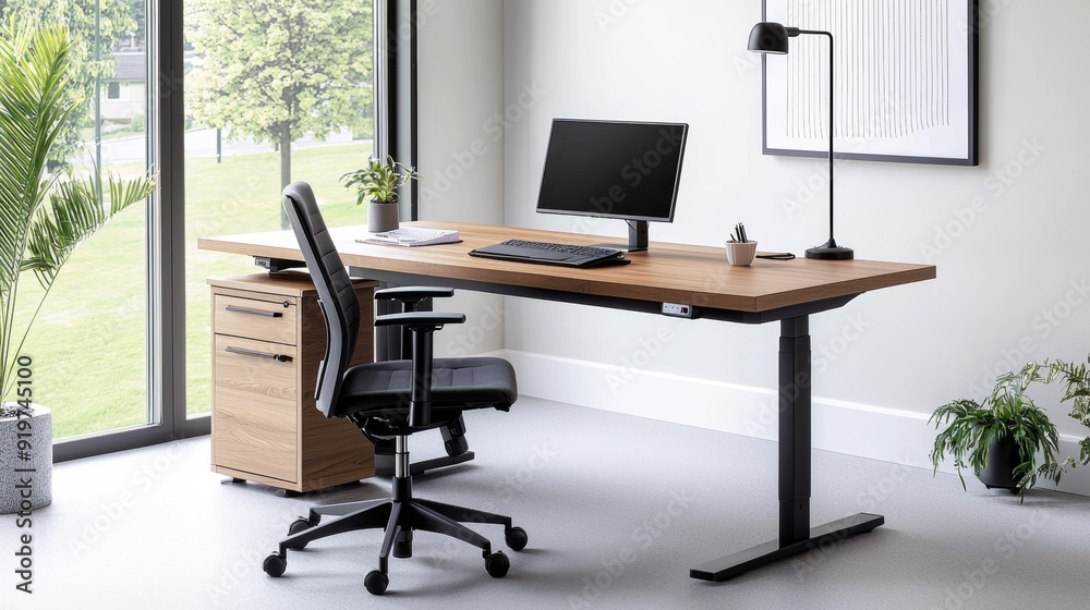 a desk with computer on it and plant in the corner a desk with computer on it and plant in the corner
