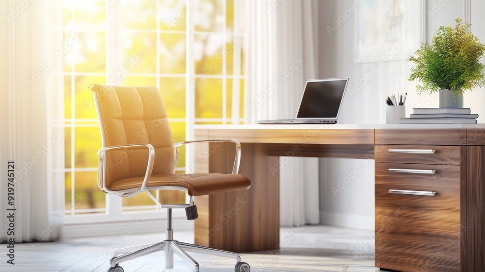 a desk with laptop and plant a desk with laptop and plant