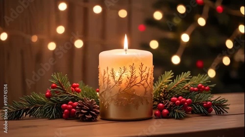 Loop of a flickering christmas candle with bokeh lights and christmas decor looping video