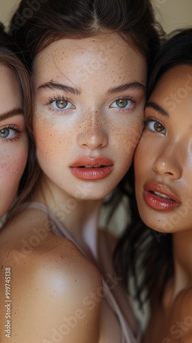 Close-up portrait of three multiethnic women highlighting diverse beauty and features