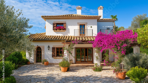 4. Mediterranean villa with terracotta roof tiles, a spacious courtyard, olive trees, and blooming bougainvillea photo