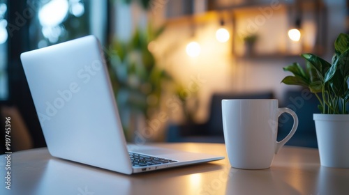 a laptop and cup on table