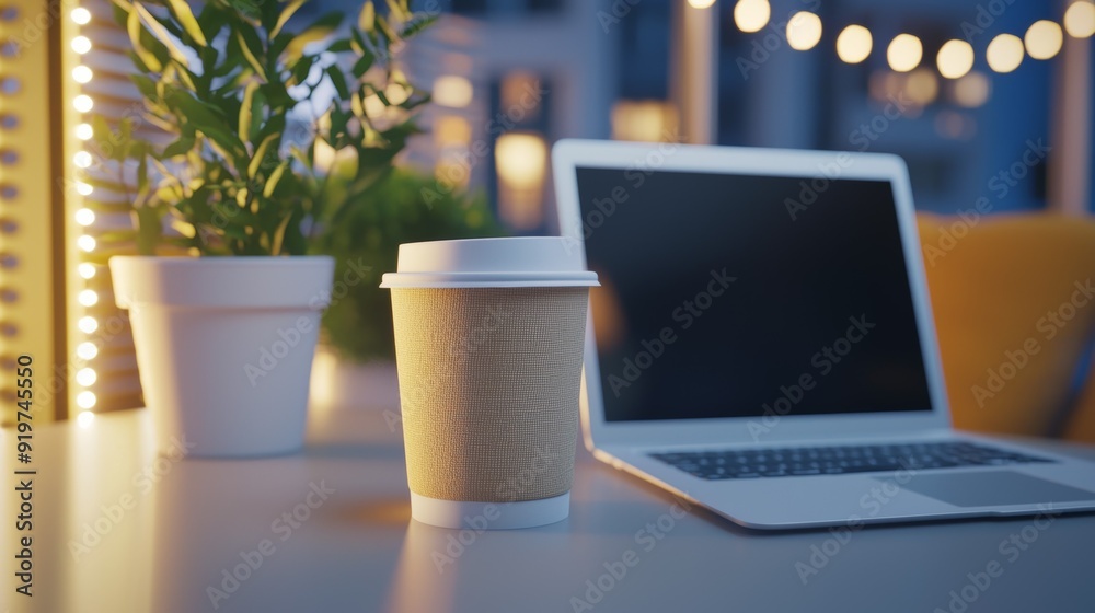 a laptop and cup on table