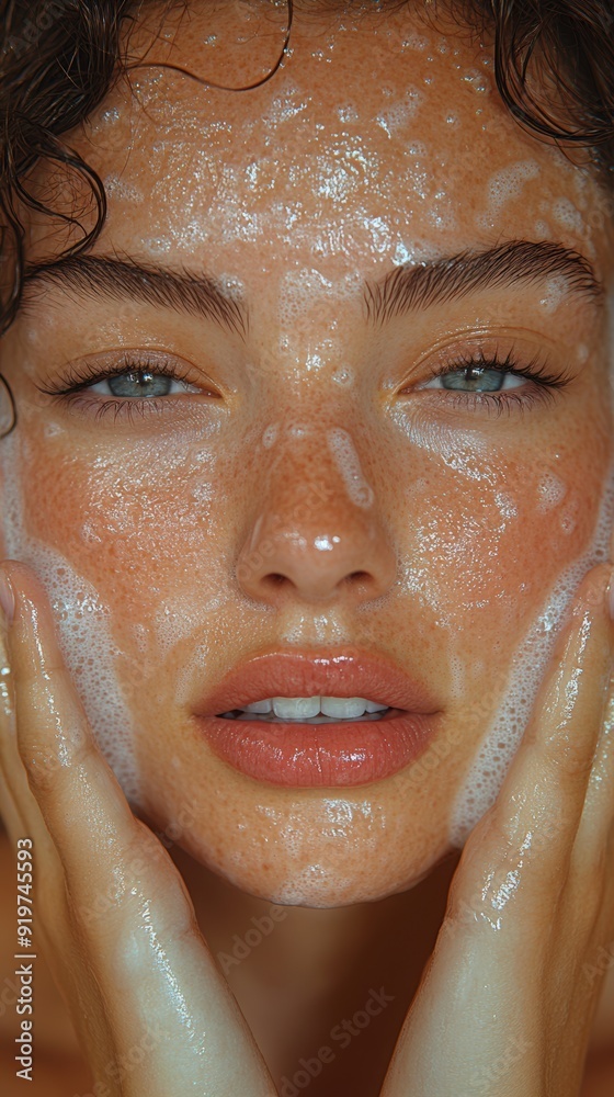 Close-up of a woman applying facial cleanser with gentle focus on her serene expression Close-up of a woman applying facial cleanser with gentle focus on her serene expression