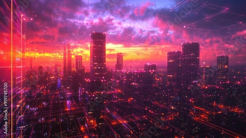 Wallpaper Mural Big city night scene in cyberpunk style, futuristic nostalgia 80s, 90s. Neon lights vivid colors, photorealistic horizontal illustration. The generation of AI Torontodigital.ca