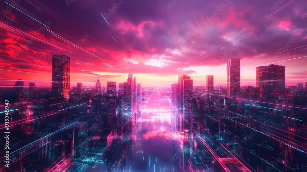 Fototapeta premium Big city night scene in cyberpunk style, futuristic nostalgia 80s, 90s. Neon lights vivid colors, photorealistic horizontal illustration. The generation of AI