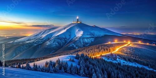 Fototapeta Naklejka Na Ścianę i Meble -  Night view of Sniezka, the highest peak of the Karkonosze Mountains and the Sudetes , Poland, Europe, mountain, summit