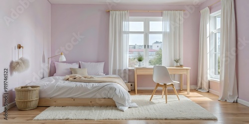 Minimalist bedroom with pastel walls and natural light in a serene setting. Generative AI