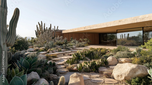 17. Minimalist desert house with a xeriscape garden, cacti, succulents, and stone landscaping photo