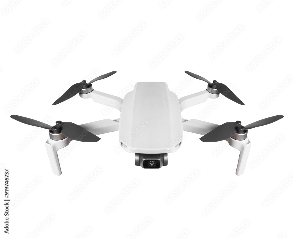 Top view of a drone with a camera close up isolated on a white background Top view of a drone with a camera close up isolated on a white background