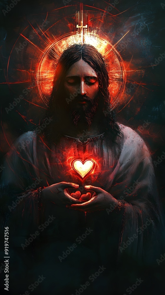 Jesus with sacred heart, by the best ever artist in heaven, holy light around his head and hands holding hearts Jesus with sacred heart, by the best ever artist in heaven, holy light around his head and hands holding hearts