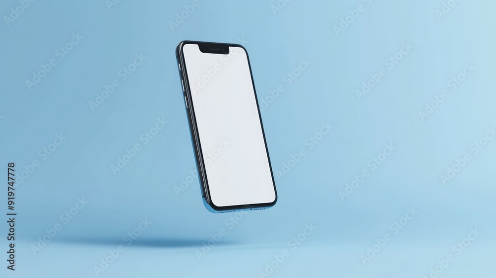 Black Smartphone with White Screen Floating Against a Light Blue Background Black Smartphone with White Screen Floating Against a Light Blue Background