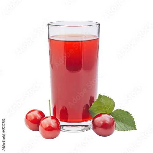 Wallpaper Mural PNG Cherry juice filled glass next to fresh cherries and green leaves on a plain background Torontodigital.ca