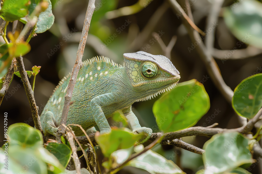A mesmerizing chameleon camouflaged within lush green foliage, showcasing nature’s artistry and the beauty of adaptation. A mesmerizing chameleon camouflaged within lush green foliage, showcasing nature’s artistry and the beauty of adaptation.