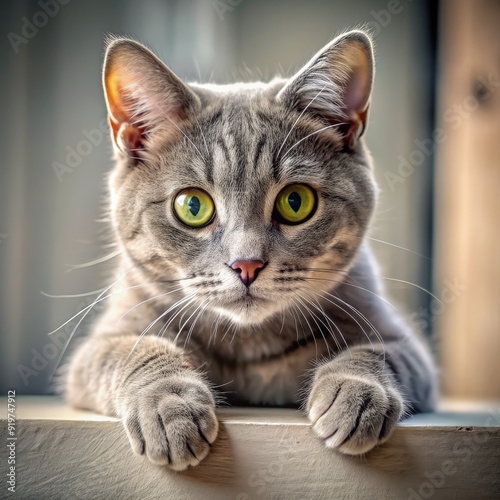 Cute grey cat peeks out and stretches its paw through a window in daylight. Generative AI