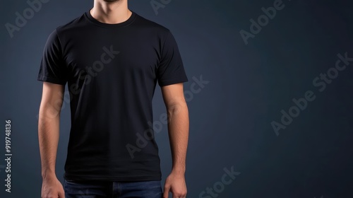 Realistic black t-shirt on young man, blank space for promotional advertisement placed. Empty business concept. The generation of AI