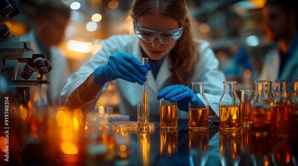 Scientists in a modern laboratory with advanced equipment are conducting a chemical experiment. Scientists in a modern laboratory with advanced equipment are conducting a chemical experiment.