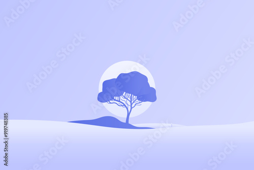 Minimalist landscape poster with lonely tree on island against mountain. Wild nature scene hand drawn painting. Lake and cliffs at twilight art wallpaper for prints and decoration. Vector illustration