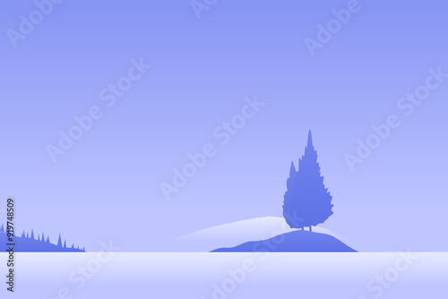 Minimalist landscape poster with lonely tree on island against mountain. Wild nature scene hand drawn painting. Lake and cliffs at twilight art wallpaper for prints and decoration. Vector illustration