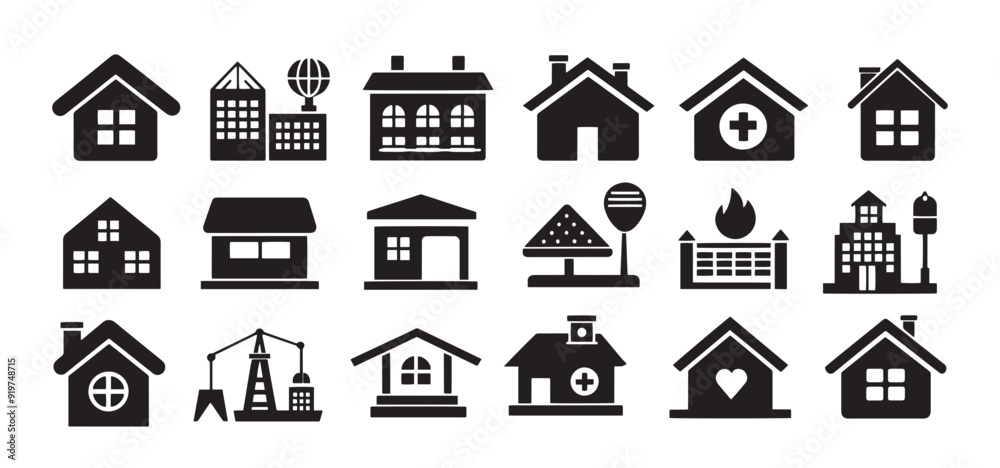 Home Logo or icons item pack set collection, silhouette Vector illustration design, black and white Home Logo or icons item pack set collection, silhouette Vector illustration design, black and white