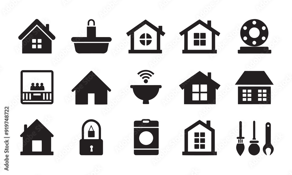 Home Logo or icons item pack set collection, silhouette Vector illustration design, black and white Home Logo or icons item pack set collection, silhouette Vector illustration design, black and white