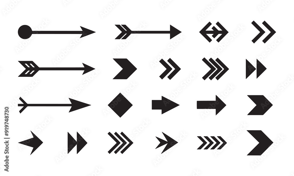 Arrow item icons pack set collection, silhouette Vector illustration design, black and white 