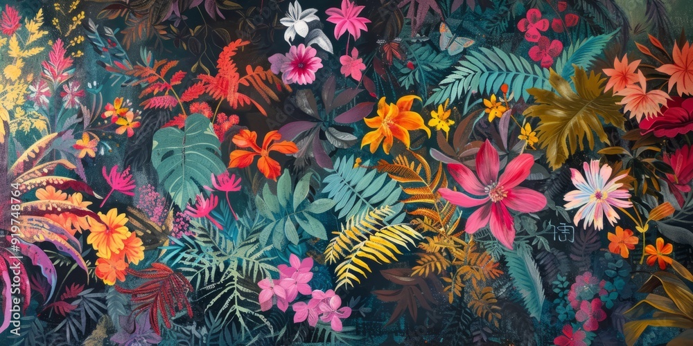 An oil painting on canvas freehand painted with plants and flowers on wallpaper, posters, cards, murals, carpets, carpets, hangings and the golden grain An oil painting on canvas freehand painted with plants and flowers on wallpaper, posters, cards, murals, carpets, carpets, hangings and the golden grain