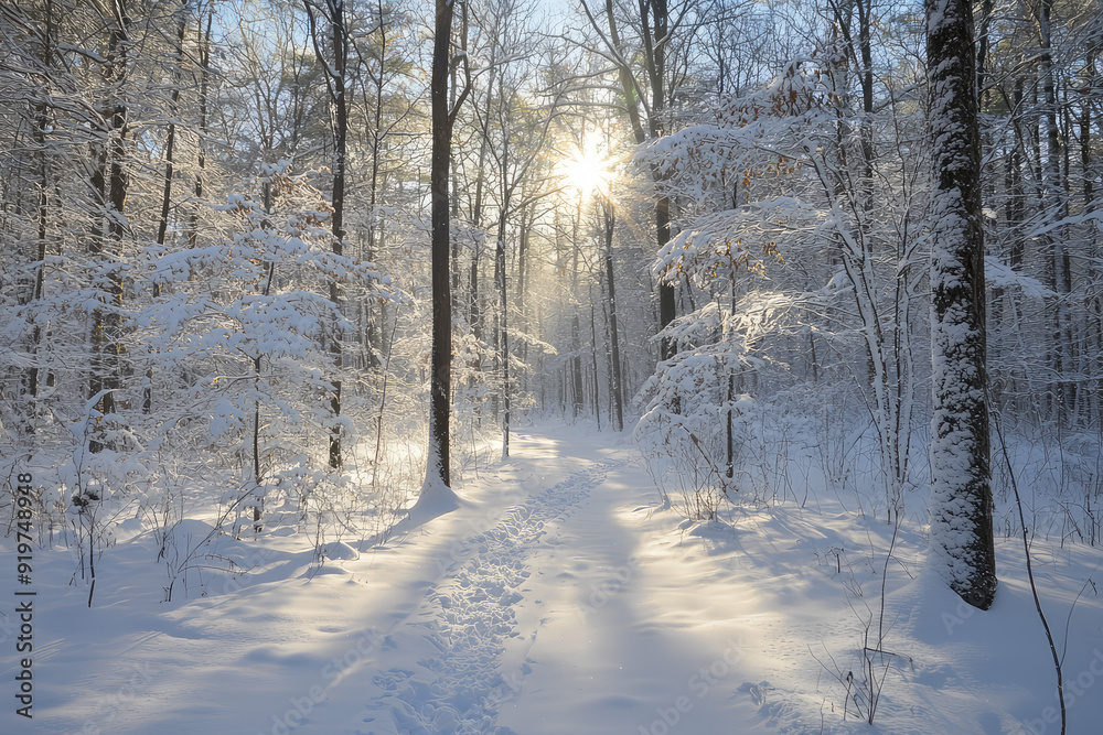 A serene winter scene unfolds in the snowy forest, illuminated by gentle sunlight filtering through the frosty branches. A serene winter scene unfolds in the snowy forest, illuminated by gentle sunlight filtering through the frosty branches.