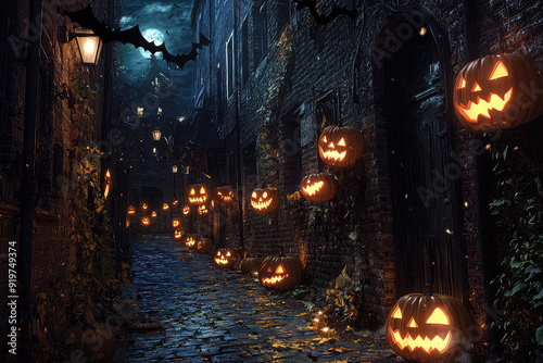 A spooky alley adorned with glowing jack-o-lanterns under the eerie glow of the moon, creating a thrilling Halloween atmosphere.