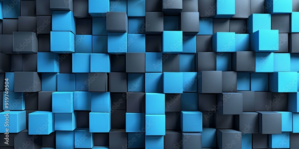 Blue and Black, Multisized Cubes Perfectly Aligned to create a Modern Tech Banner.