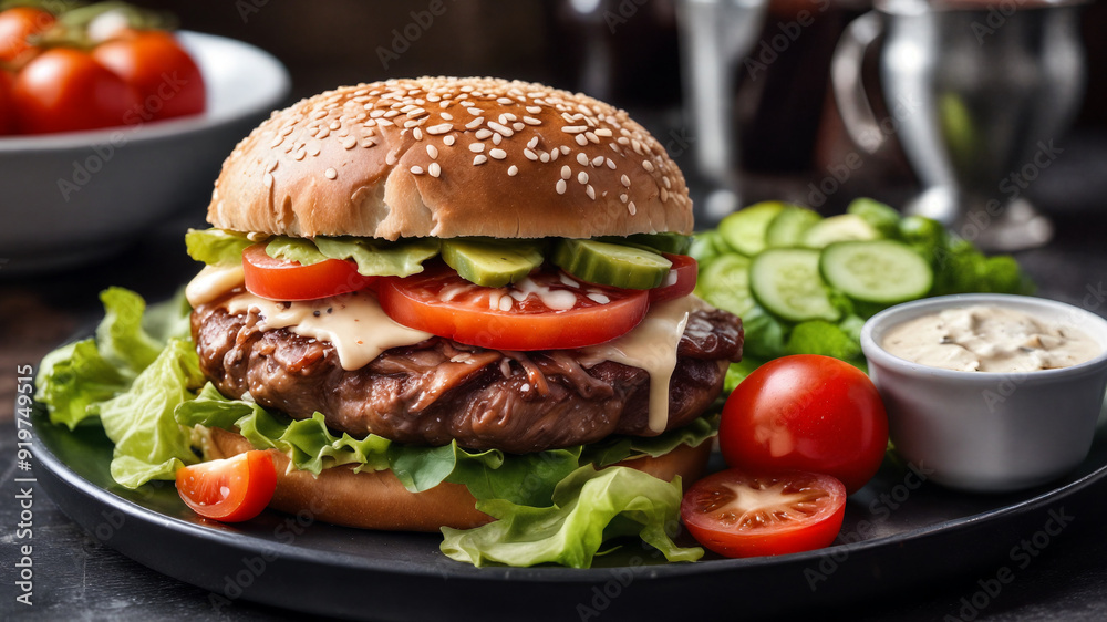 Delicious cheeseburger with fresh vegetables and dipping sauce on a plate