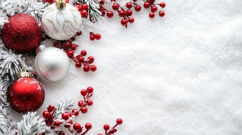 A white card with a red border sits on a snowy ground with red berries