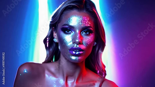 Woman with glittery silver face makeup in neon light. photo