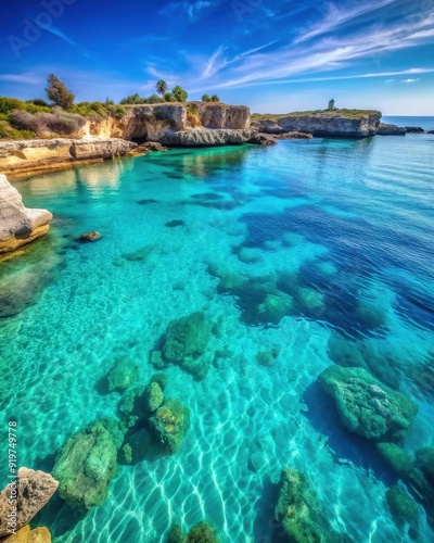 Explore the crystal-clear waters of Salento's stunning coastline. Generative AI