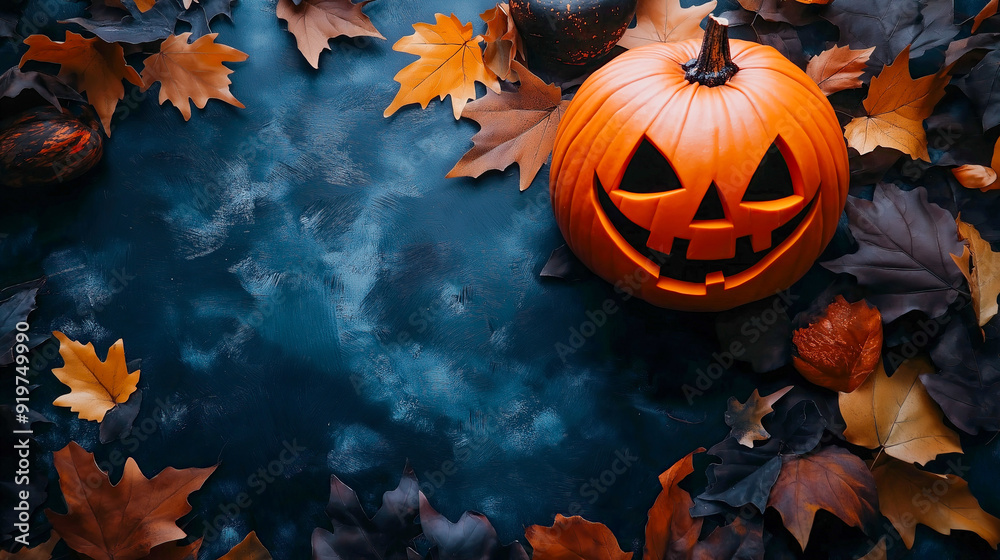 Halloween composition with jack-o'-lantern and autumn leaves on a moody blue background. Perfect for eerie holiday designs