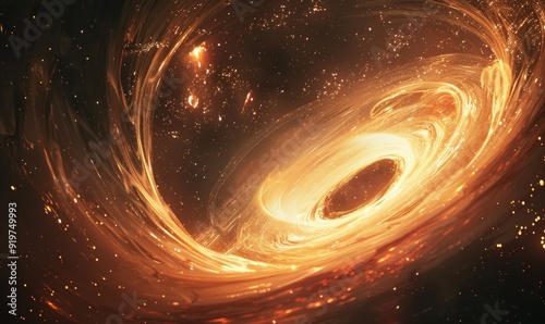 Close-up of a swirling black hole surrounded by luminous accretion disk