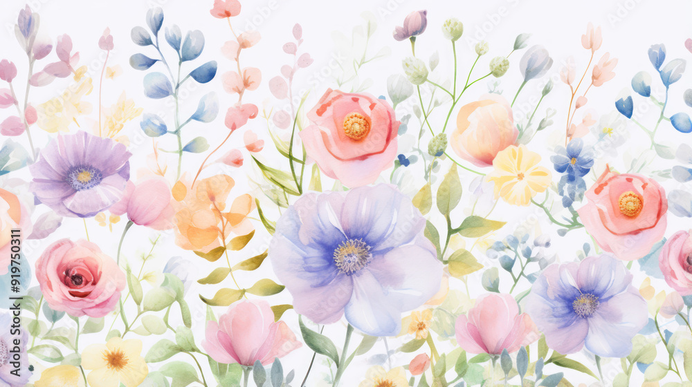 Variety of stylized flowers in soft pastel colors. Delicate, calm and serene atmosphere. Aesthetic flowers wallpaper, background. Botany, art, design, artistic. Variety of stylized flowers in soft pastel colors. Delicate, calm and serene atmosphere. Aesthetic flowers wallpaper, background. Botany, art, design, artistic.