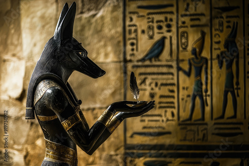 Anubis, the Ancient Egyptian Deity, Holds a Feather in a Ceremony of the Afterlife, Symbolizing Justice and Balance.