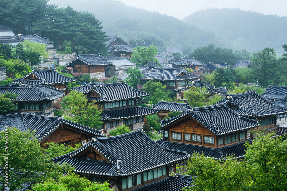 A Tranquil View of Traditional Korean Houses Surrounded by Lush Greenery and Misty Mountains – A Slice of Serene Heritage. A Tranquil View of Traditional Korean Houses Surrounded by Lush Greenery and Misty Mountains – A Slice of Serene Heritage.