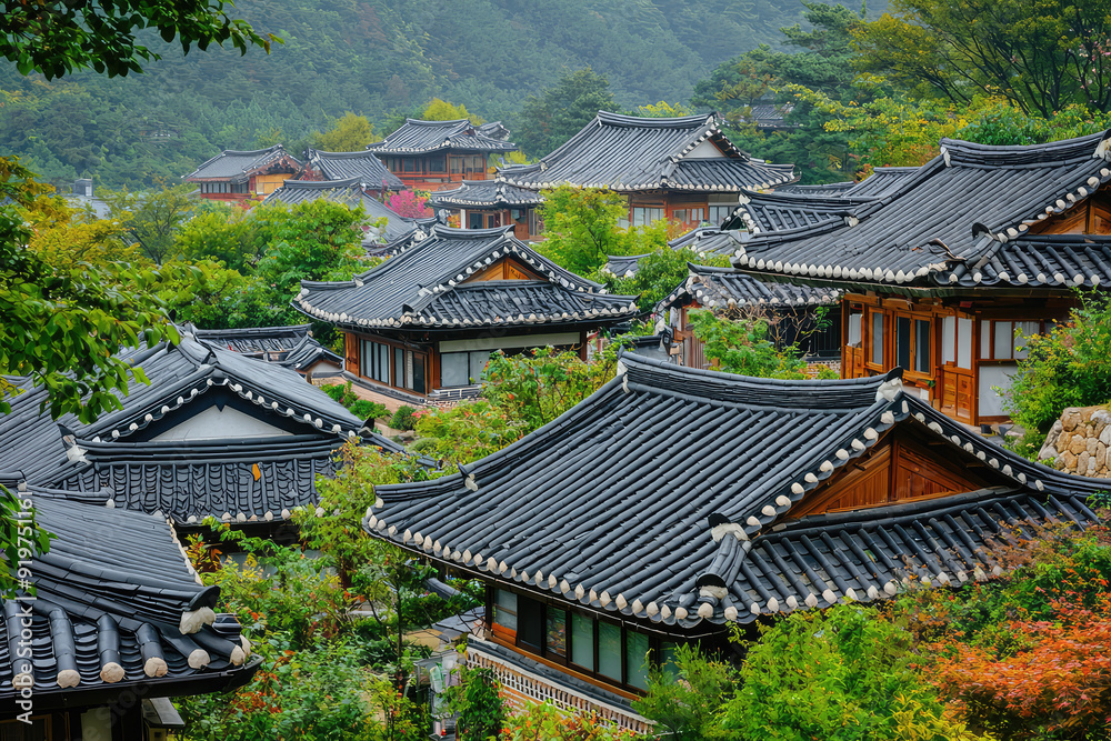 Discover Tranquility in a Serene Village of Traditional Korean Houses Surrounded by Lush Greenery and Peaceful Nature. Discover Tranquility in a Serene Village of Traditional Korean Houses Surrounded by Lush Greenery and Peaceful Nature.