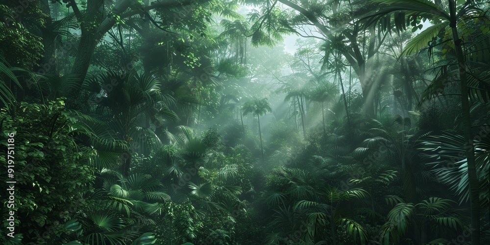 Dense rainforest with misty atmosphere Dense rainforest with misty atmosphere