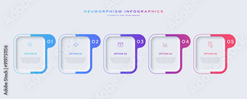 Infographic design template with 5 options or steps and line icons. Useful for process diagram, presentations, banner, flow chart, workflow layout, info graph.