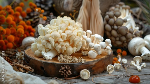 image of the most well-known functional mushrooms such as lion's mane, reshi, chaga and turkey tail