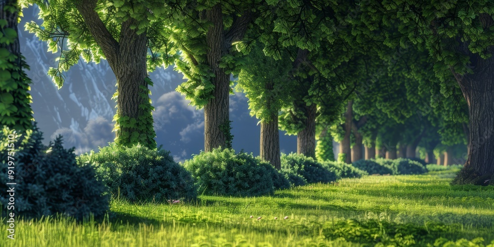 During the summer, an isolated row of trees and shrubs is covered in foliage During the summer, an isolated row of trees and shrubs is covered in foliage