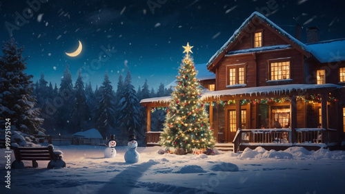 Building a snowman under a festive Christmas tree is family fun